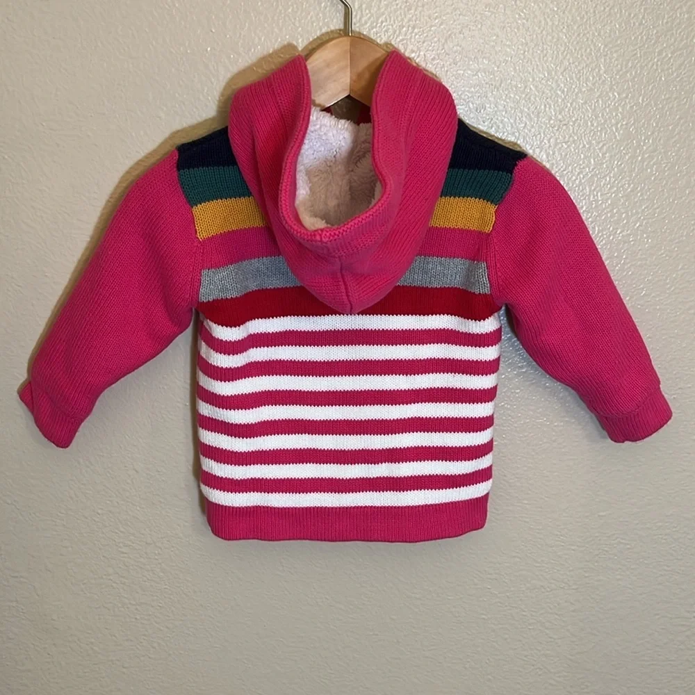 Hanna Andersson Pink Striped Fleece Lined Knit Button Sweater